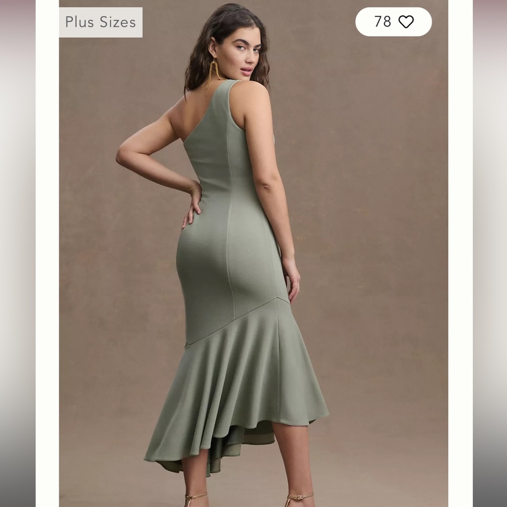BHLDN Ainsley One Shoulder Ruffle Stretch Crepe Midi Dress In Color Moss Size 10
